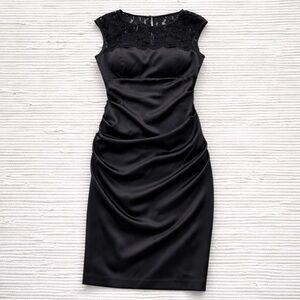 Xscape Black Satin Lace Midi Dress Ruched Bodycon Evening Size 12